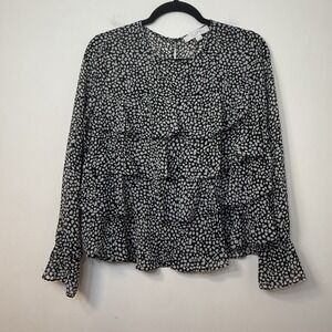 LOFT Ann Taylor Womens Black/White Flowy Classic Layered Ruffle Blouse Sz S #